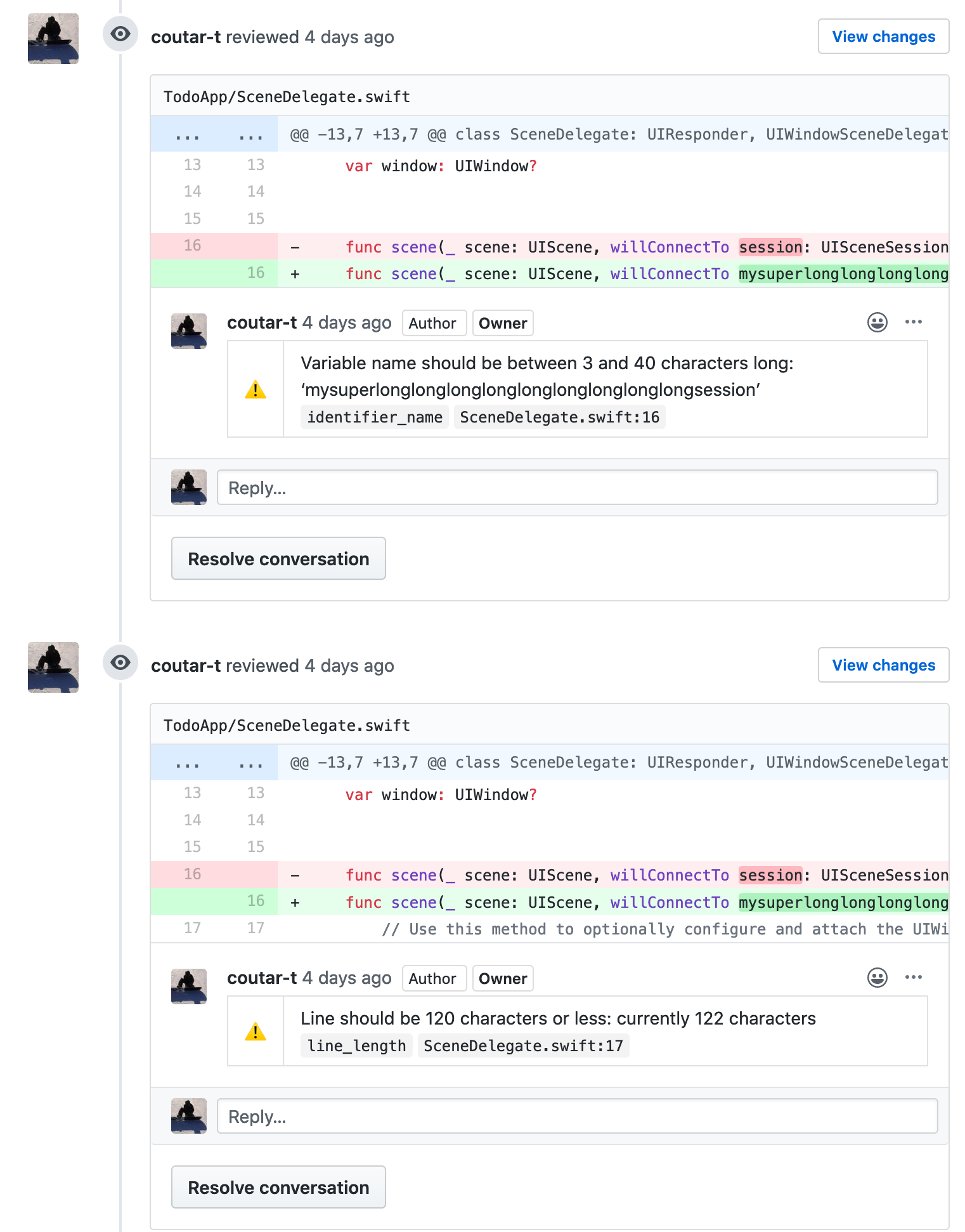 Swiftlint comments on github